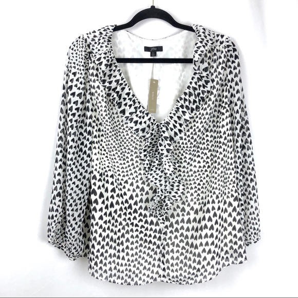 NWT J.Crew Ruffle-trim V-neck blouse Heart Pattern - Picture 2 of 9
